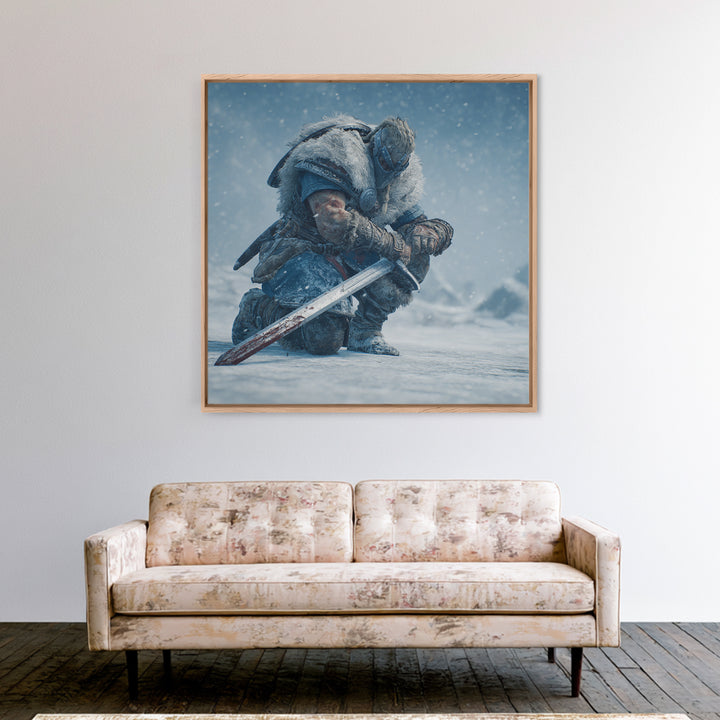 Kneeling Viking Warrior In Snow Framed Canvas Print, Nordic Wall Art, Fantasy Sword Decor, Winter Battle Gift For Him, Man Cave Decor