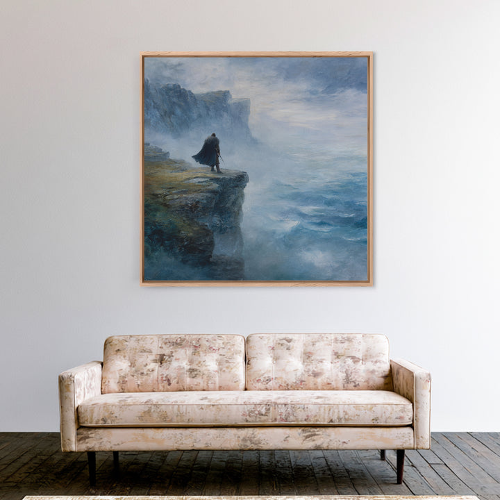 Cloaked Wanderer On Misty Sea Cliff Wall Art, Moody Coastal Landscape Oil Painting, Nordic Fantasy Home Decor For Living Room