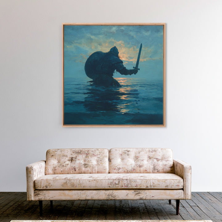 Lone Warrior Rising From The Sea Wall Art, Blue Ocean Sword Painting, Mythic Coastal Canvas Print For Dramatic Living Room Decor
