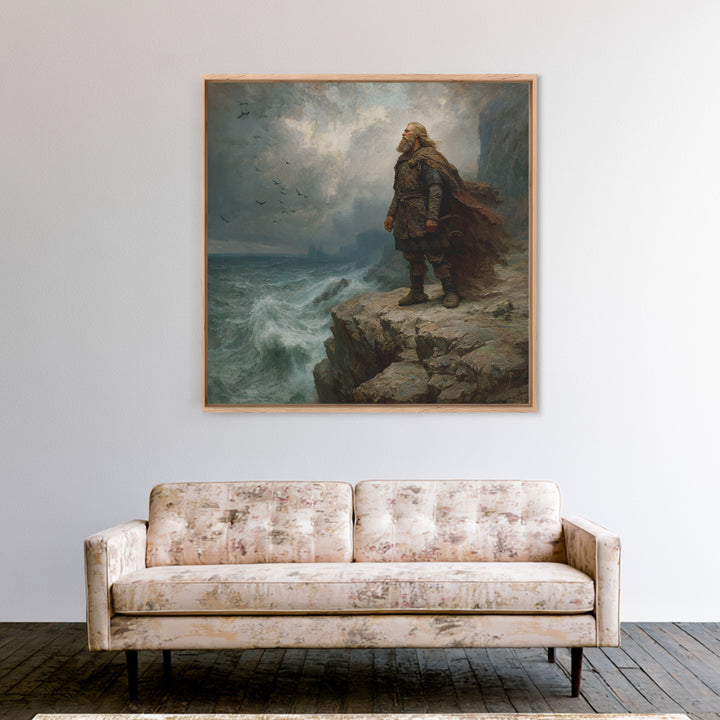 Viking Chieftain On Stormy Sea Cliff Wall Art, Moody Norse Coastal Painting, Dramatic Landscape Art, Masculine Office Decor