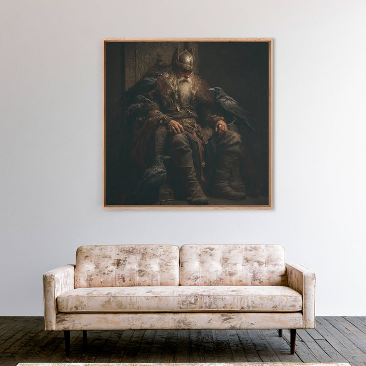 Viking King With Ravens Wall Art, Dark Academia Norse Portrait, Moody Medieval Oil Painting, Gothic Office Decor Gift For Him