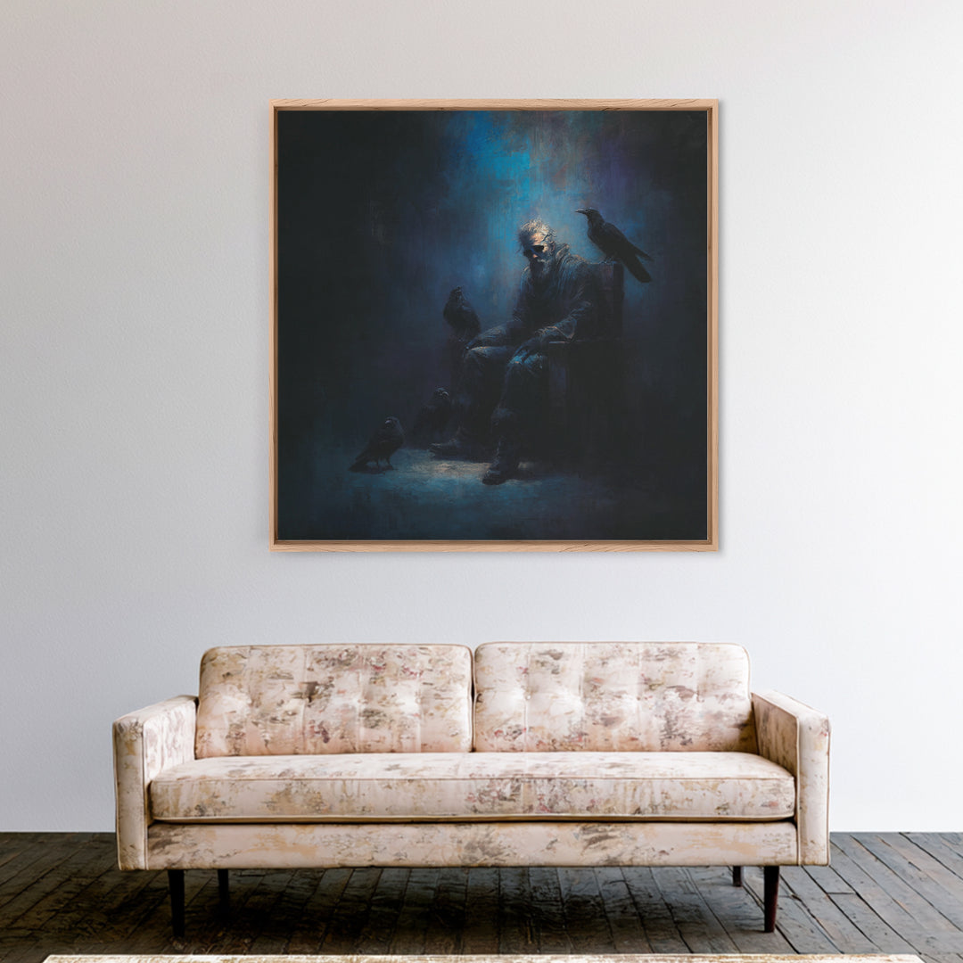 Moody Raven Keeper Portrait Framed Canvas Print, Dark Academia Wall Art, Gothic Crow Oil Painting, Mysterious Office Decor