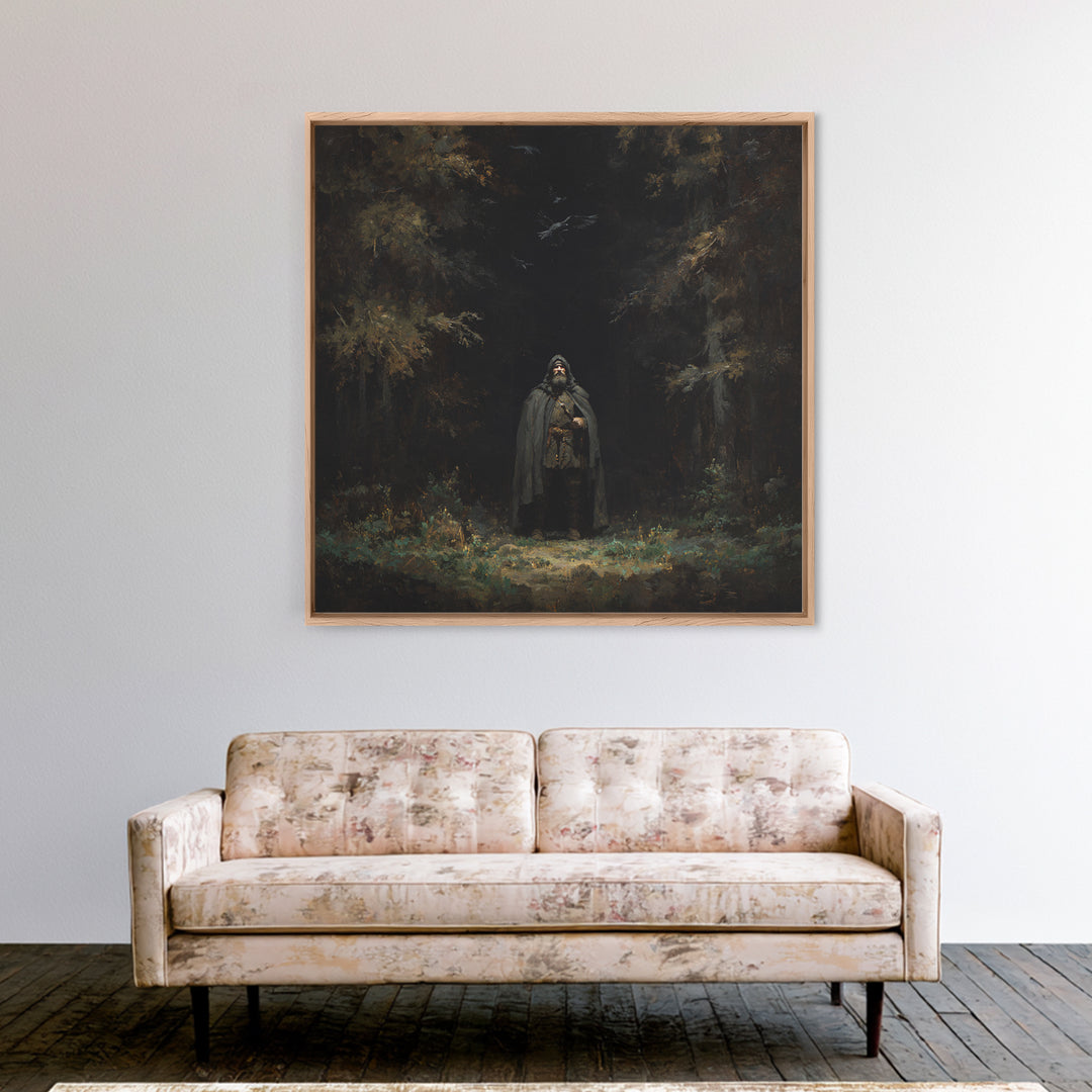 Hooded Wanderer In Dark Forest Wall Art, Raven Gothic Landscape Painting, Moody Fantasy Canvas Print For Dark Academia Decor