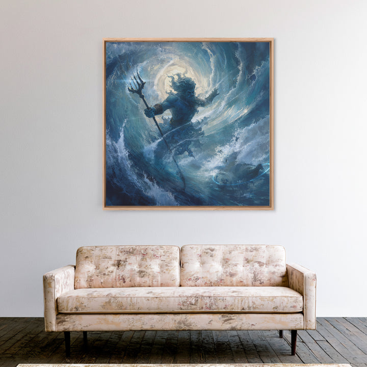 Poseidon Rising From Stormy Ocean Canvas Print, Mythological Wall Art, Nautical Fantasy Decor, Blue Coastal Artwork, Sea God Art