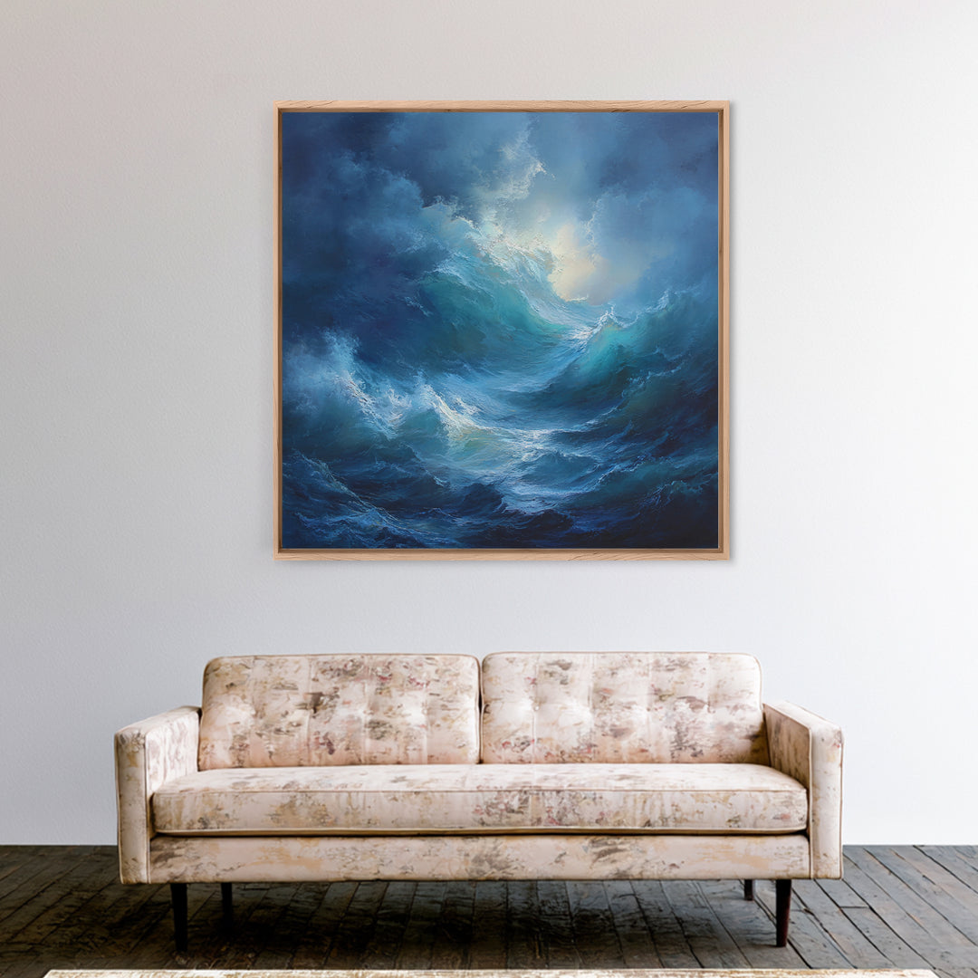 Dramatic Blue Ocean Wave Wall Art, Abstract Seascape Oil Painting, Coastal Canvas Decor, Large Living Room Art Print For Home Decor