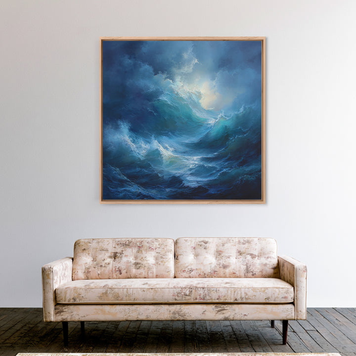 Dramatic Blue Ocean Wave Wall Art, Abstract Seascape Oil Painting, Coastal Canvas Decor, Large Living Room Art Print For Home Decor