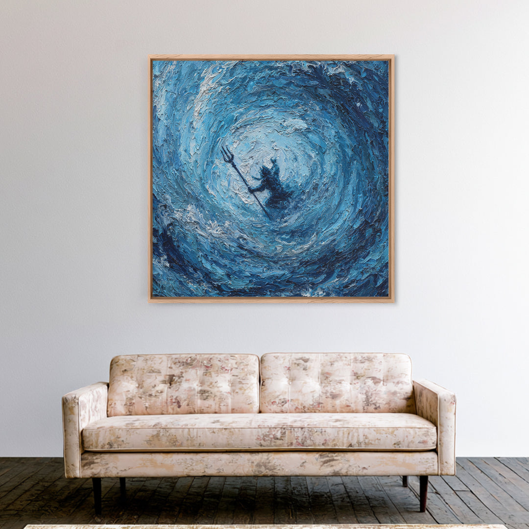 Poseidon In Blue Ocean Vortex Wall Art, Textured Impasto Canvas Print, Mythology Decor, Coastal Abstract Seascape Painting