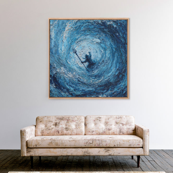 Poseidon In Blue Ocean Vortex Wall Art, Textured Impasto Canvas Print, Mythology Decor, Coastal Abstract Seascape Painting