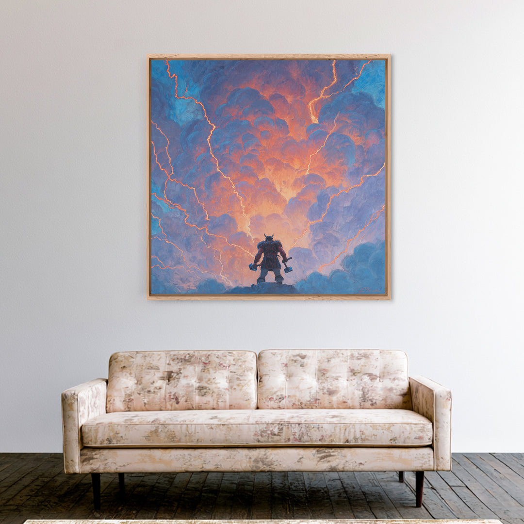 Thor Like Warrior Under Lightning Wall Art, Norse Mythology Storm Painting, Fantasy Canvas Print, Dramatic Game Room Decor