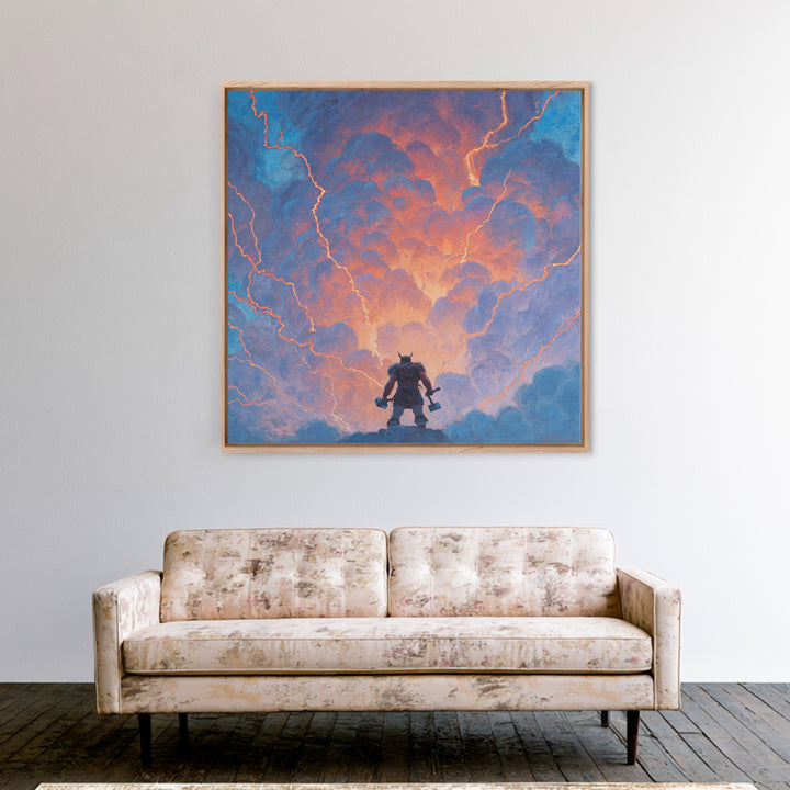 Thor Like Warrior Under Lightning Wall Art, Norse Mythology Storm Painting, Fantasy Canvas Print, Dramatic Game Room Decor