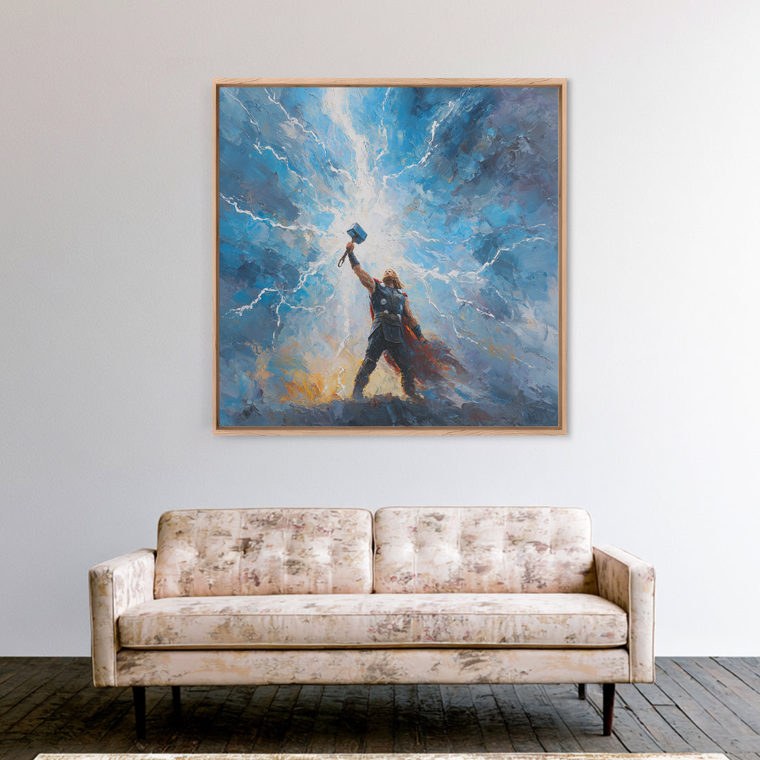 Thunder God Raising Hammer Wall Art, Norse Mythology Canvas Print, Lightning Storm Oil Painting, Viking Decor Gift For Him