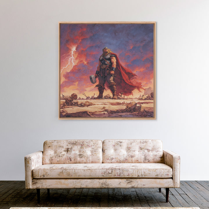Thunder God With Hammer And Stormy Lightning Sky, Epic Viking Canvas Print, Norse Mythology Wall Art, Fantasy Warrior Decor