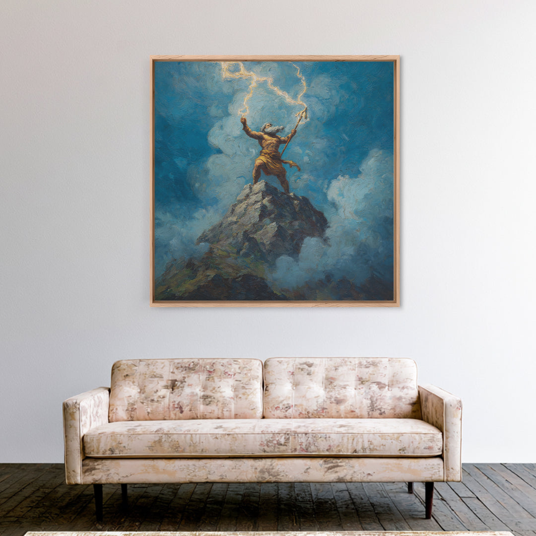 Thunder God Raising Lightning On Mountain Peak Wall Art, Mythological Art Print, Fantasy Art, Dramatic Office Decor, Gift