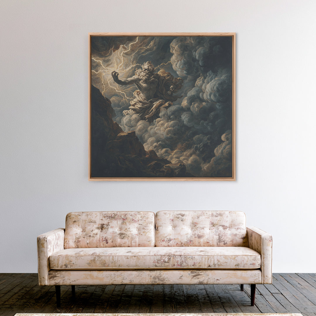 Zeus Summoning Lightning In Storm Clouds Framed Canvas Print, Mythological Art, Baroque Wall Art, Moody Dark Academia Decor