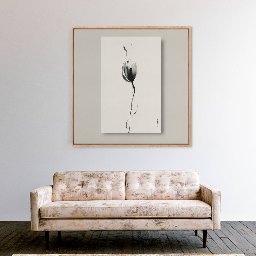 Minimalist Lotus Flower Ink Wall Art Print, Japanese Zen Floral Painting For Bedroom Decor And Modern Neutral Home