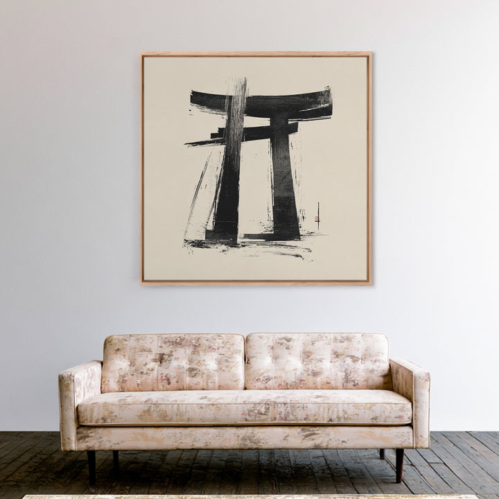 Minimalist Japanese Torii Gate Ink Painting Wall Art, Black And White Zen Decor Framed Canvas Print
