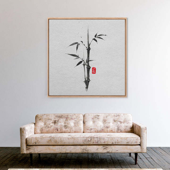 Minimalist Ink Bamboo Brush Painting Wall Art, Japanese Zen Calligraphy Framed Canvas Print For Calm Modern Decor