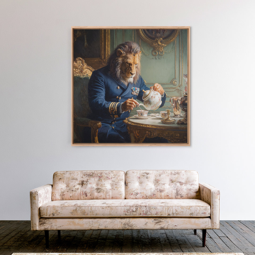 Lion Admiral Pouring Tea Wall Art, Whimsical Animal Portrait, Royal Navy Home Decor, Maximalist Canvas, Unique Gift For Him
