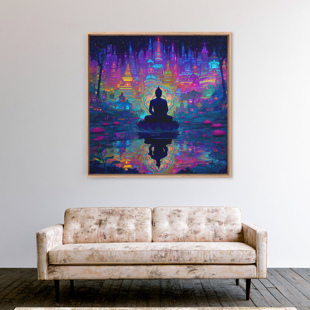 Neon Buddha Cityscape Meditation Wall Art, Spiritual Cyberpunk Canvas Print, Colorful Zen Meditation Room Decor