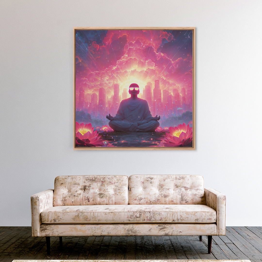 Neon Buddha Cityscape Meditation Wall Art, Psychedelic Lotus Sunset Canvas Print, Futuristic Spiritual Decor For Modern Living Room