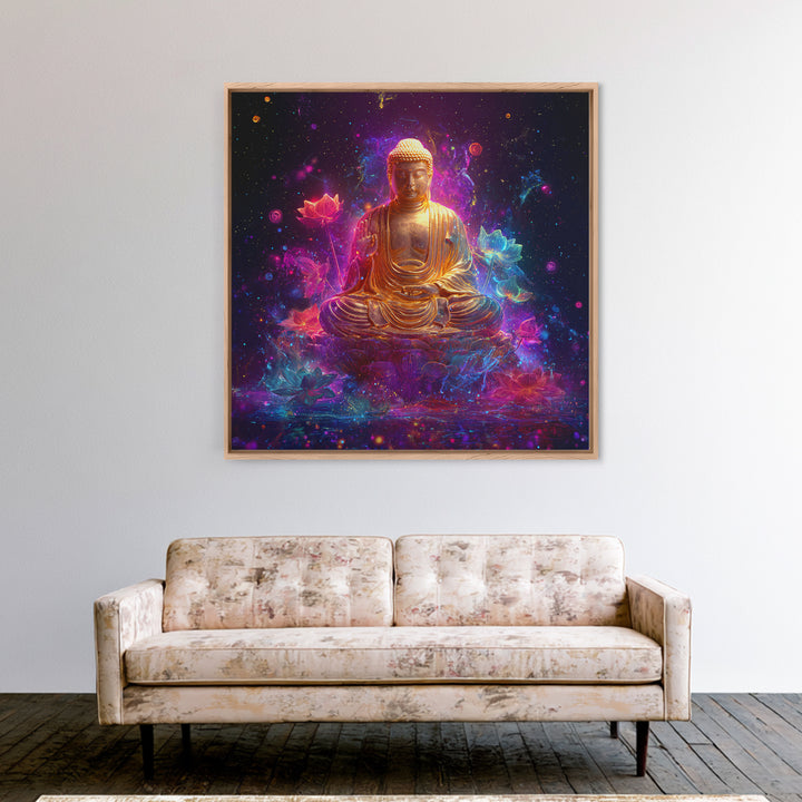Golden Buddha In Cosmic Lotus Galaxy Wall Art, Celestial Spiritual Decor, Meditation Zen Art Print For Modern Home Decor