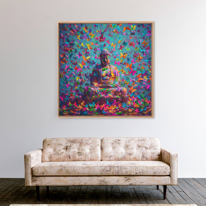Colorful Buddha With Butterflies Wall Art, Spiritual Meditation Print, Psychedelic Boho Decor, Vibrant Zen Wall Art