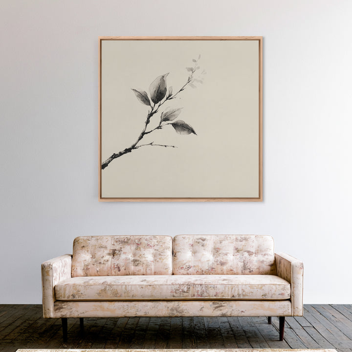 Minimal Ink Botanical Branch Wall Art, Neutral Japandi Nature Print, Calm Wabi Sabi Style Above Bed Framed Canvas Print