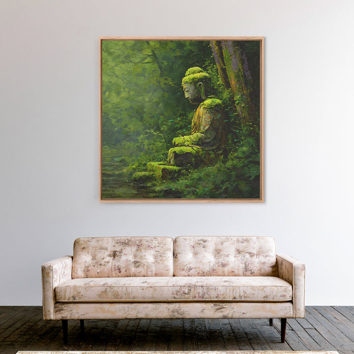 Serene Green Moss Covered Buddha Statue Wall Art Oil Painting Canvas Print For Peaceful Zen Home Decor And Meditation Room Wall