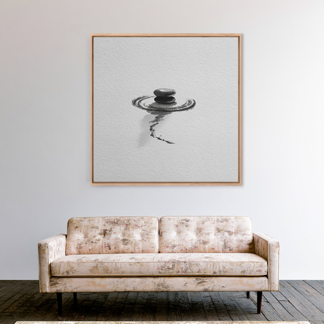 Minimalist Zen Stones Water Ripple Framed Canvas Print Black And White Wall Art Calming Bathroom Decor Modern Spa Wall Art
