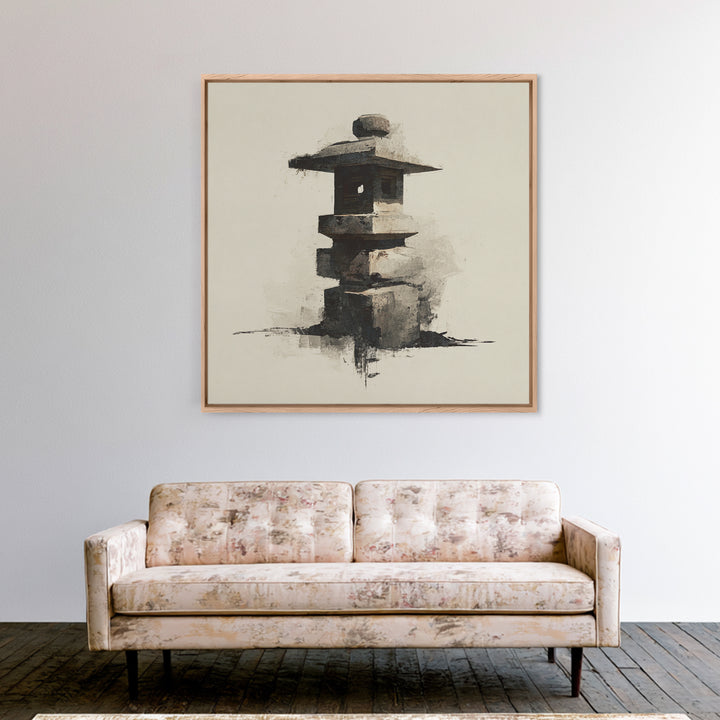 Minimal Japanese Stone Lantern Wall Art, Ink Style Zen Painting, Wabi Sabi Neutral Print For Japandi Home Decor And Entryway