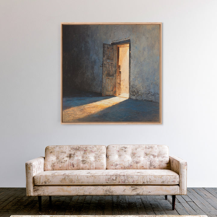 Sunlit Open Door Textured Wall Art Framed Canvas Print, Minimalist Rustic Decor, Moody Wall Art For Entryway Or Living Room