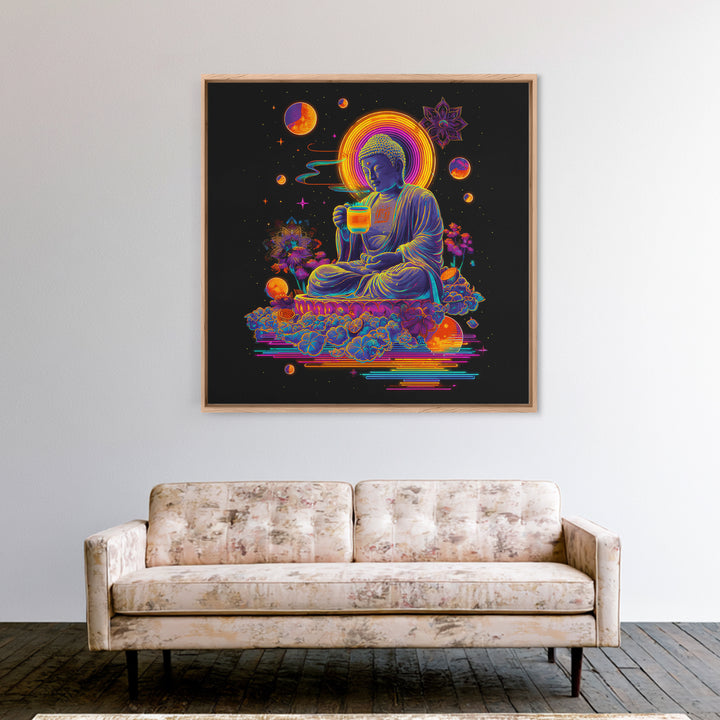 Colorful Neon Buddha With Celestial Elements Wall Art Canvas Print Spiritual Modern Home Decor Gift