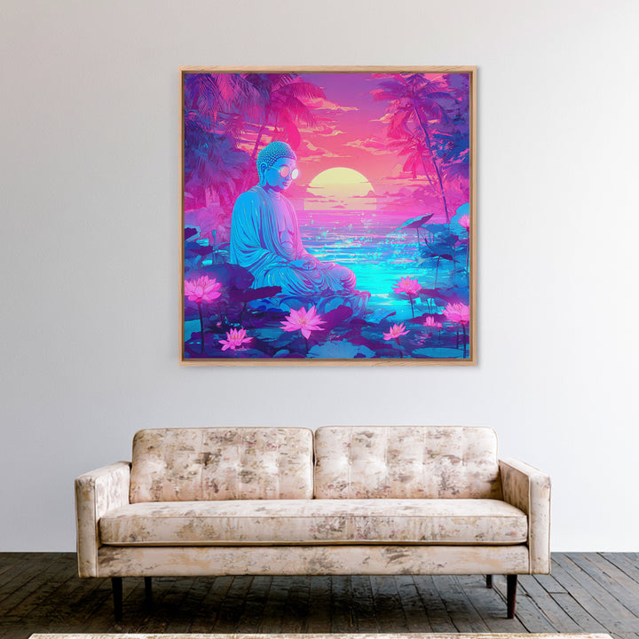 Neon Buddha Meditating By Futuristic Ocean Sunset Wall Art, Psychedelic Zen Lotus Canvas Print