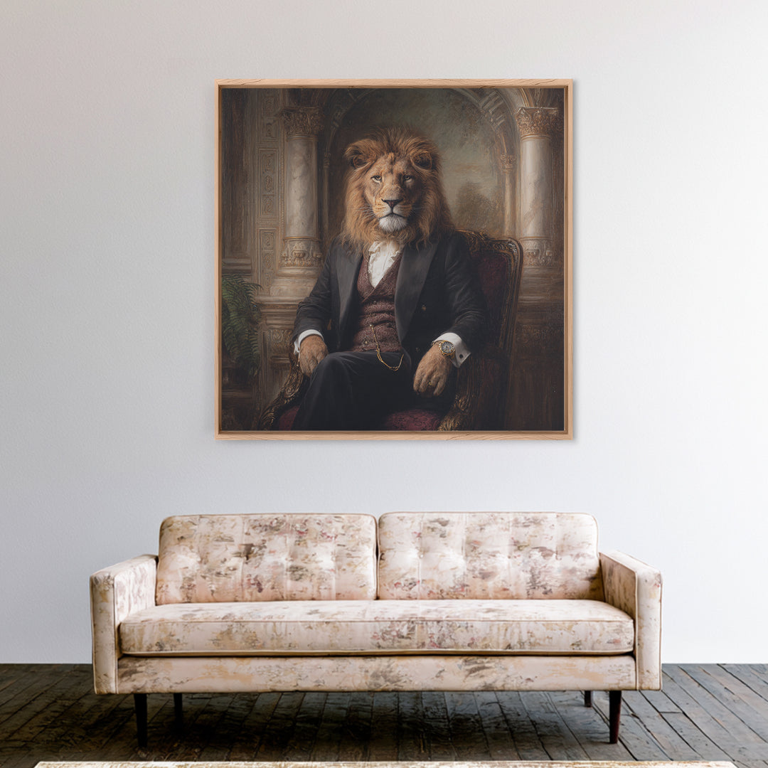 Regal Lion Gentleman Portrait Wall Art, Dark Academia Animal Painting, Victorian Library Decor, Luxury Masculine Office Decor