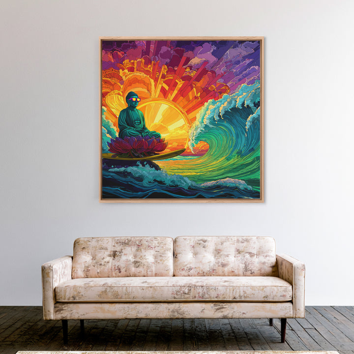 Psychedelic Surfing Buddha In Neon Sunset Waves Wall Art, Trippy Spiritual Canvas Print, Modern Boho Home Decor