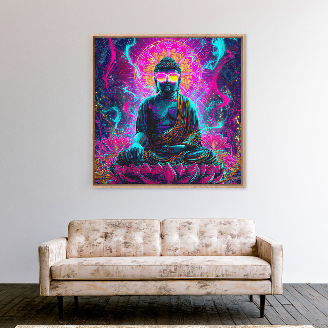 Neon Psychedelic Buddha Sitting On Lotus Flower Spiritual Wall Art Canvas Print Bright Vibrant Home Decor