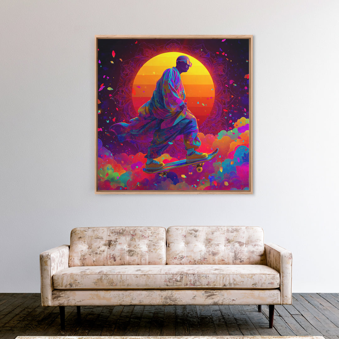 Psychedelic Skater Monk Wall Art Canvas Print, Colorful Abstract Art, Trippy Room Decor, Gaming Room Art, Trendy Wall Art