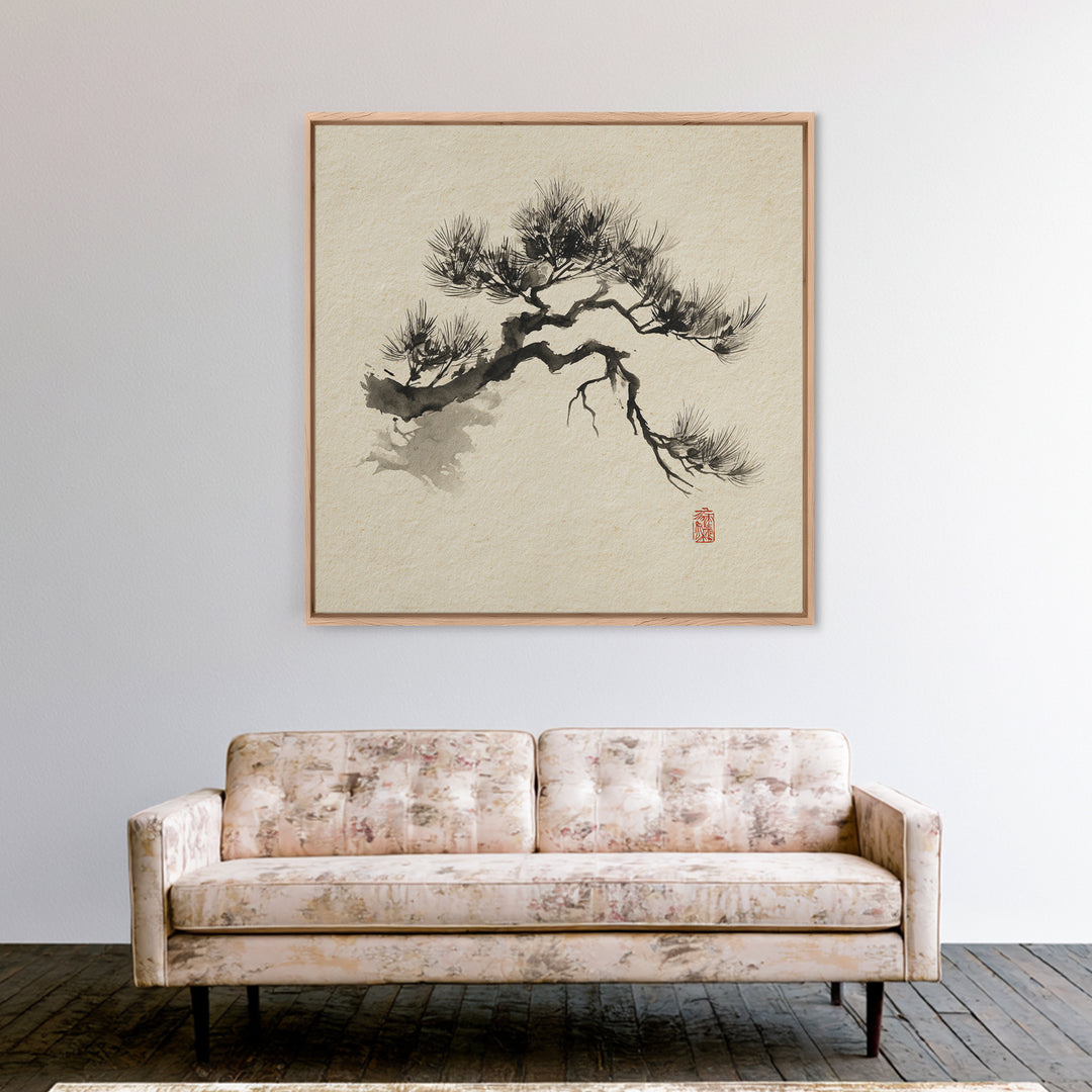 Japanese Ink Pine Tree Wall Art, Minimal Sumi E Landscape Framed Canvas Print, Wabi Sabi Zen Decor For Calm Modern Home Or Office