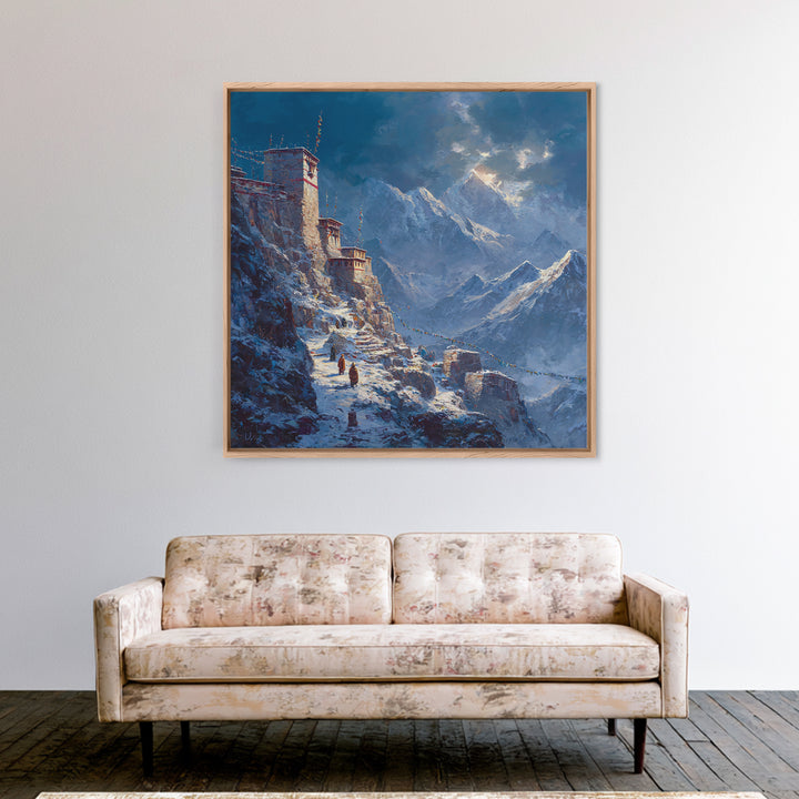 Himalayan Monastery Mountain Snow Wall Art, Dramatic Winter Landscape Canvas Print, Moody Travel Home Decor