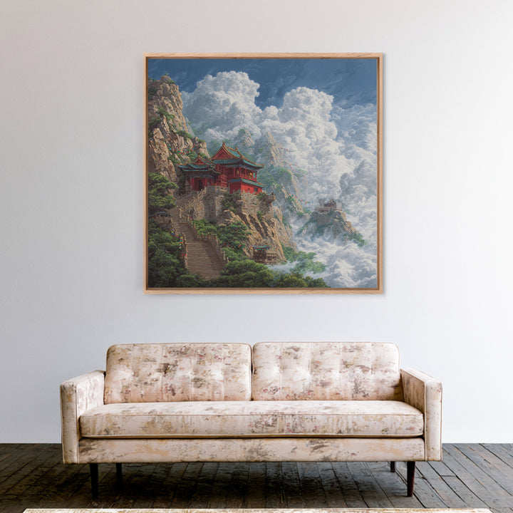 Temple Above The Clouds Fantasy Mountain Landscape Wall Art, Asian Inspired Nature Home Decor, Large Canvas Print