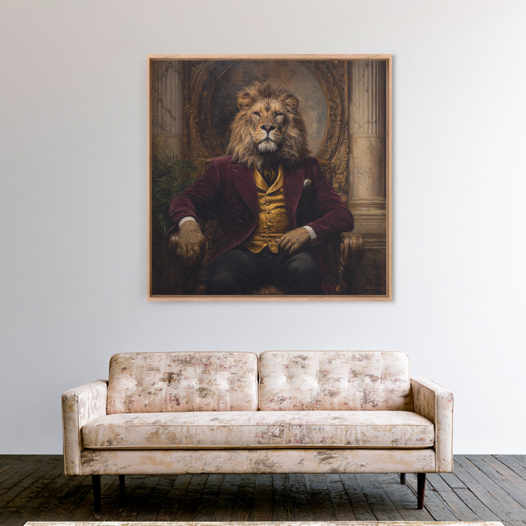 Majestic Lion In Burgundy Suit Framed Canvas Print, Victorian Animal Portrait, Dark Academia Office Decor, Luxury Wall Decor