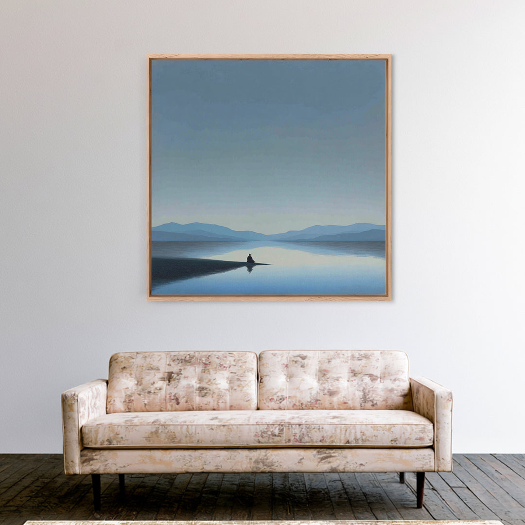 Minimalist Lake Meditation Landscape Wall Art, Calming Blue Mountains Canvas Print, Modern Living Room Decor Artwork