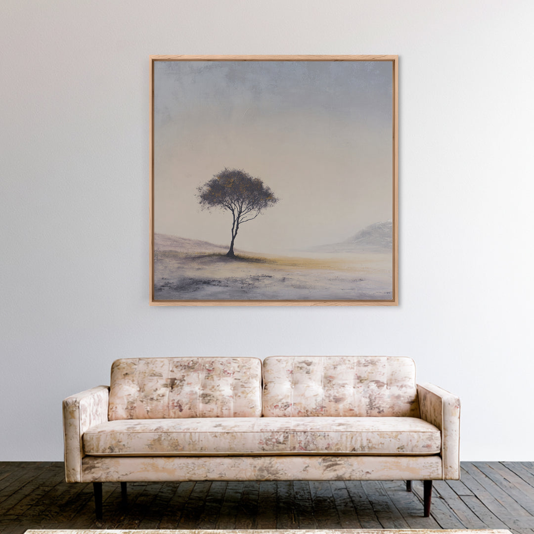 Soft Neutral Lone Tree Landscape Wall Art, Minimal Abstract Beige Canvas Print, Calming Wabi Sabi Earth Tone Decor