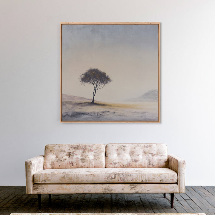 Soft Neutral Lone Tree Landscape Wall Art, Minimal Abstract Beige Canvas Print, Calming Wabi Sabi Earth Tone Decor