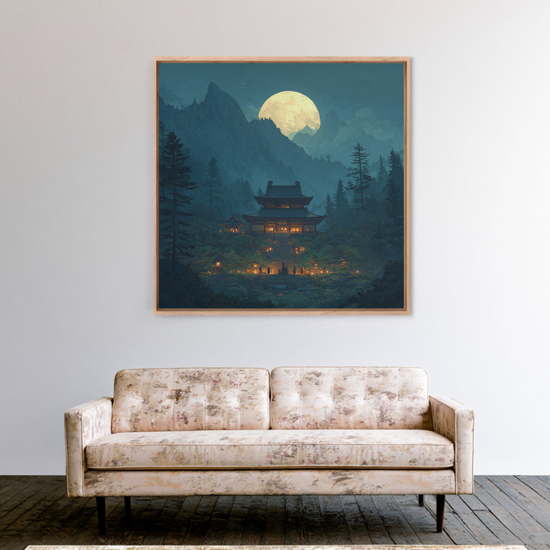 Moonlit Mountain Temple Landscape Wall Art Large Framed Canvas Print For Zen Meditation Room And Mystical Home Decor