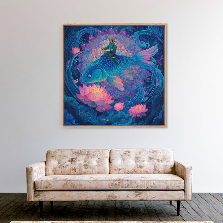 Surreal Fisherman Riding Koi Fantasy Art Wall Art, Celestial Mandala Canvas Print, Mystical Ocean Decor Whimsical Illustration