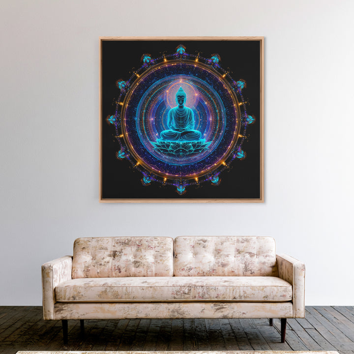 Mystical Neon Blue Buddha Mandala Spiritual Meditation Wall Art Canvas Print Yoga Room Decor