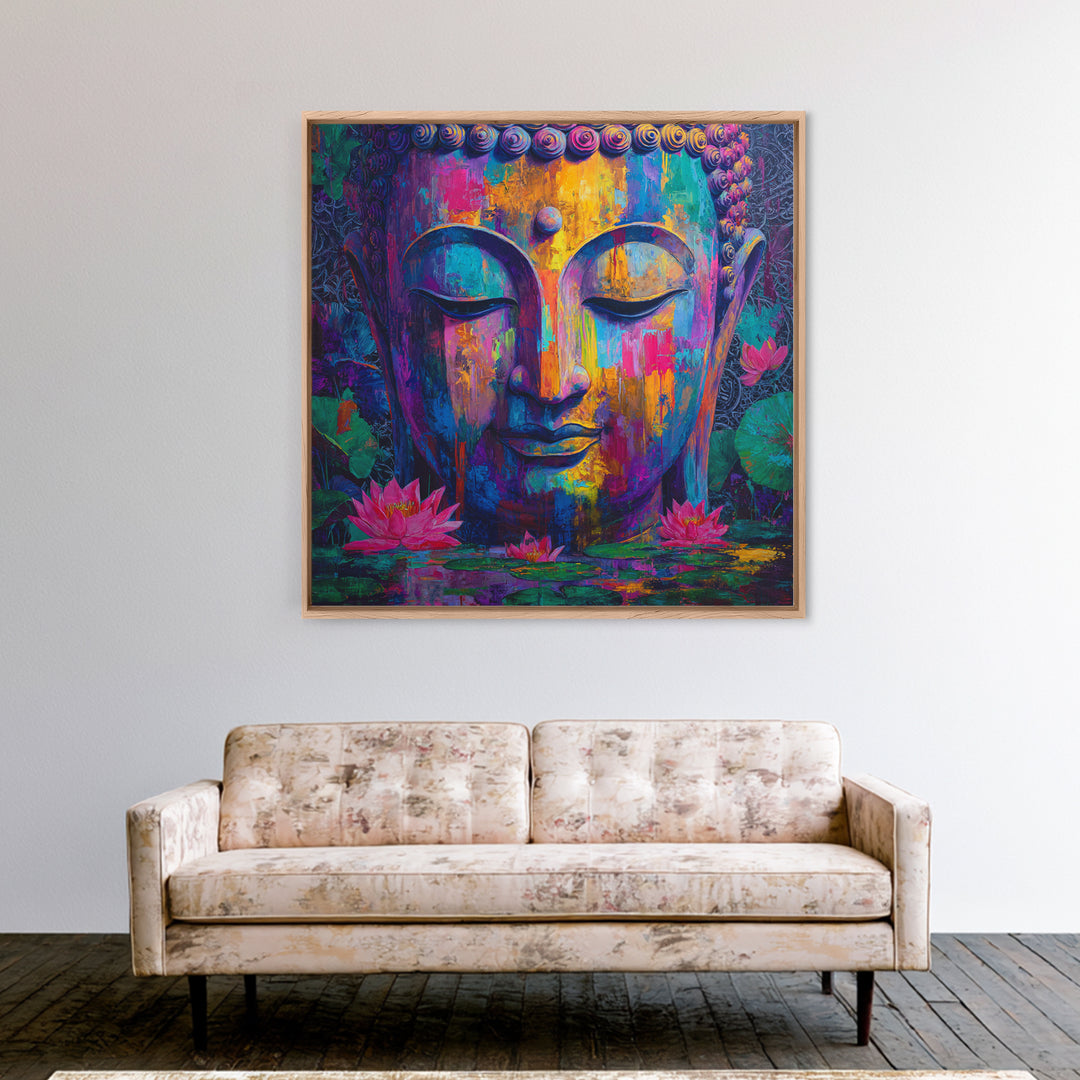Colorful Buddha Lotus Wall Art, Spiritual Meditation Canvas Print, Boho Zen Decor, Psychedelic Abstract Painting