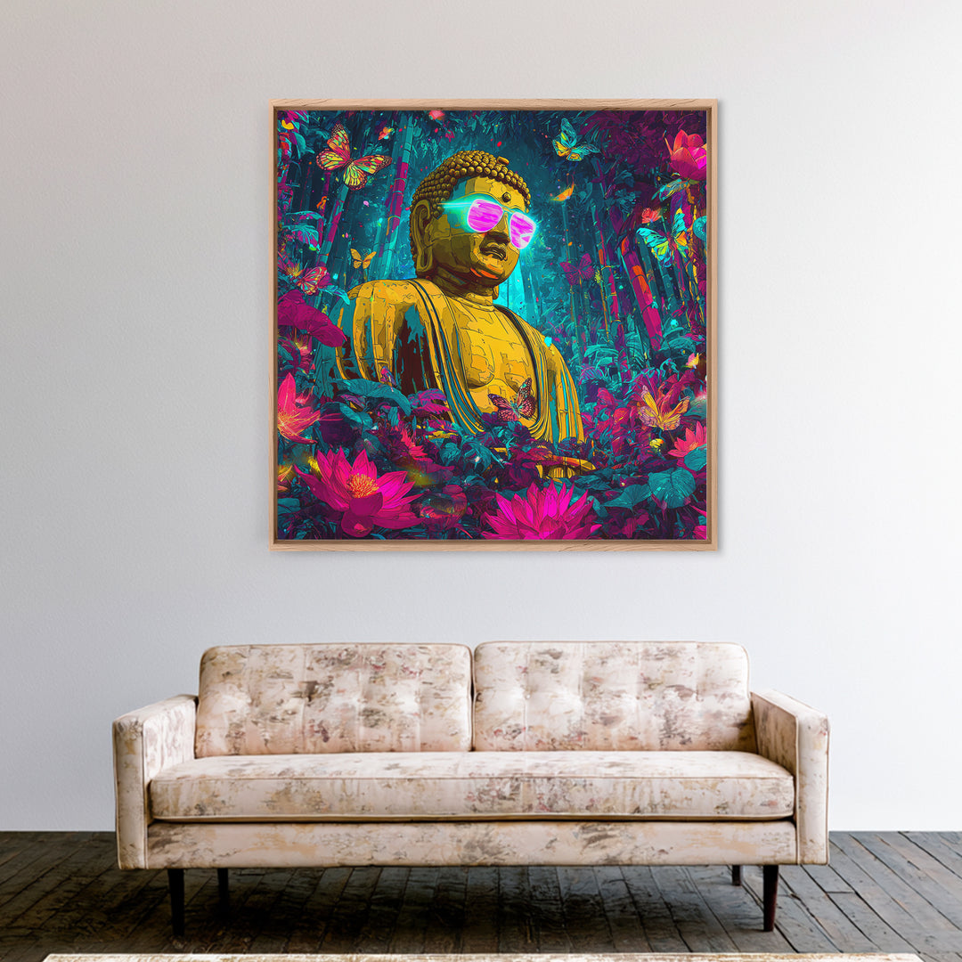 Neon Jungle Buddha With Butterflies Wall Art, Psychedelic Spiritual Canvas Print, Colorful Boho Home Decor