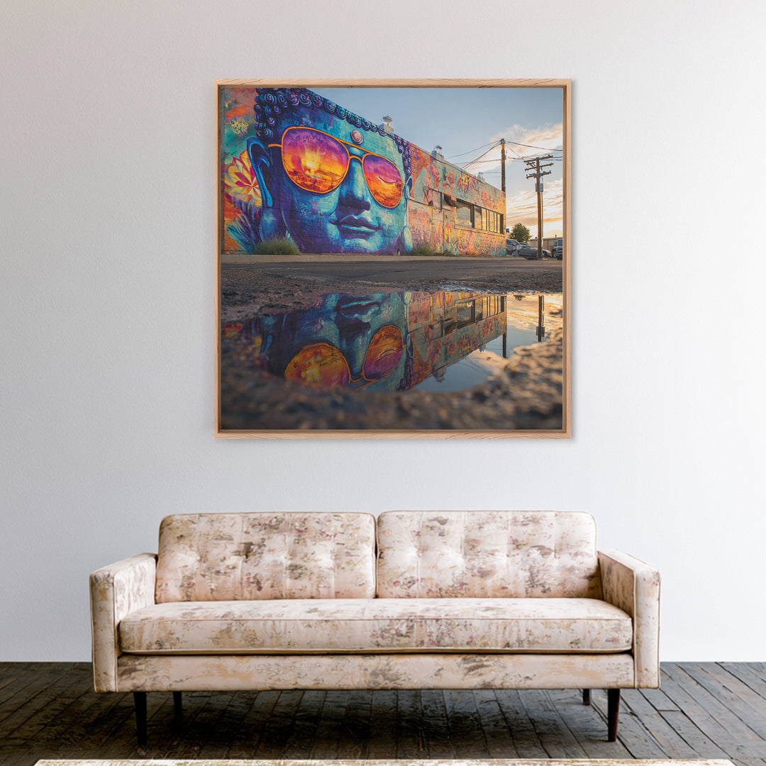 Colorful Buddha Street Art Reflection Wall Art, Urban Graffiti Photography Print, Modern Home Decor Living Room Wall Art